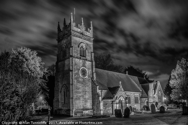 Village church at night Picture Board by Alan Tunnicliffe