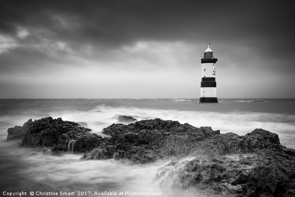 Penmon Lighthouse, Turbulent Tide B&amp;amp;W Picture Board by Christine Smart