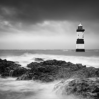 Buy canvas prints of Penmon Lighthouse, Turbulent Tide B&amp;amp;W by Christine Smart