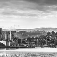 Buy canvas prints of Conwy Castle and Quay - Monochrome Black and White Panoramic Landscape Seascape by Christine Smart