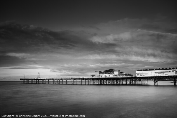 Cloudy Sunset over Colwyn Bay Pier - Monochrome/Black and White Seascape North Wales Landmark - Coast/Seaside Picture Board by Christine Smart