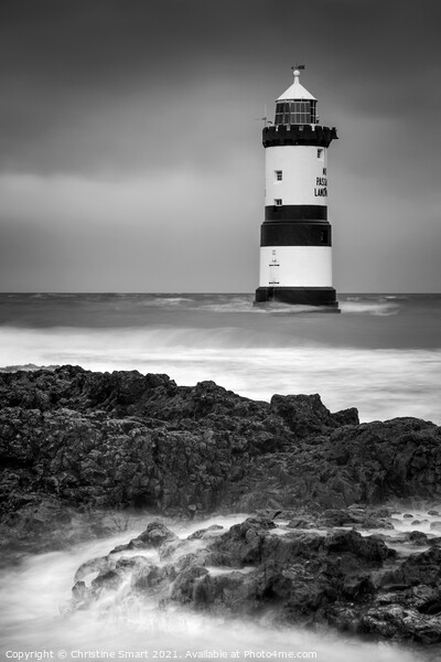 Penmon Lighthouse Anglesey - Monochrome Black and White - Landmark Dark Skies Stormy Seas Welsh Coast Seascape Picture Board by Christine Smart