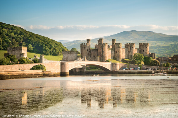Conwy Castle Sunny Landscape North Wales - Landmark Reflection Blue Sky Picture Board by Christine Smart
