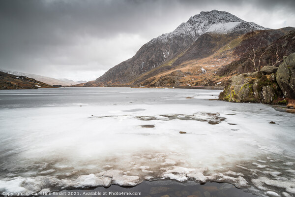 Tryfan and Llyn Ogwen, Snowdonia National Park North Wales - Mountain, Snow, Frozen Lake - Winter Scene - Snow Landscape Picture Board by Christine Smart