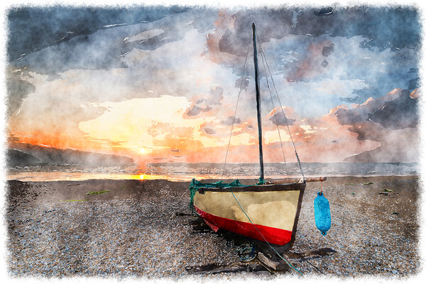 Sailing boat under a beautiful sunrise on a shingle beach Picture Board by Helen Hotson