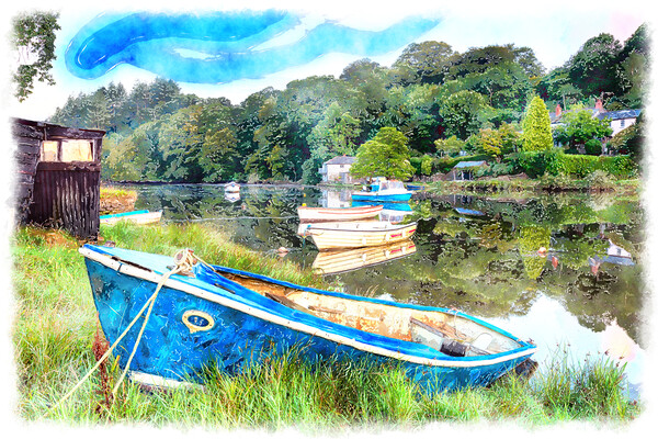 Boats on the River Lerryn Painting Picture Board by Helen Hotson