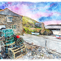 Buy canvas prints of Sunset at Mullion Cove Painting by Helen Hotson