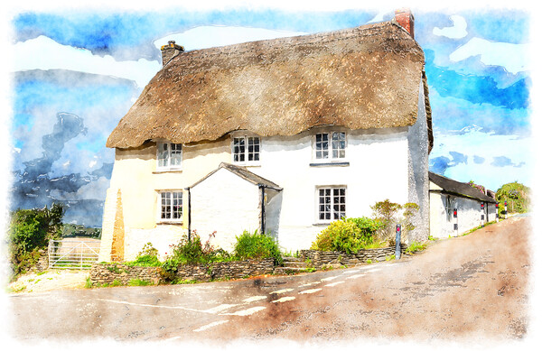 English Thatched Cottage Painting Picture Board by Helen Hotson