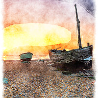 Buy canvas prints of Sunrise over Fishing Boats on a Beach Painting by Helen Hotson