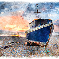 Buy canvas prints of Blue Fishing Boat Painting by Helen Hotson