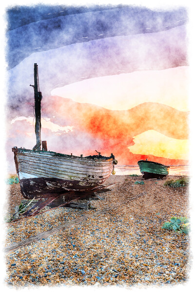 Sunrise over Fishing Boats on a Beach Painting Picture Board by Helen Hotson
