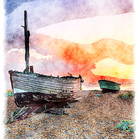 Buy canvas prints of Sunrise over Fishing Boats on a Beach Painting by Helen Hotson