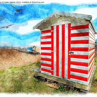 Buy canvas prints of Stripey Beach Hut Painting by Helen Hotson