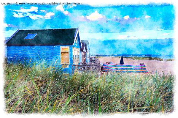Beach Huts at Mudeford Spit Painting Picture Board by Helen Hotson