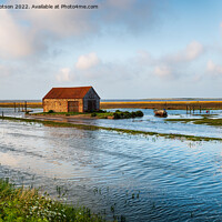 Buy canvas prints of Spring tides flooding the old harbour at Thornham  by Helen Hotson
