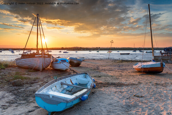 Beautiful sunset over boats on the beach at West Mersea, Framed Mounted Print by Helen Hotson