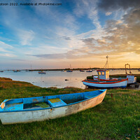 Buy canvas prints of Beautiful sunset over old fishing boats in Suffolk by Helen Hotson