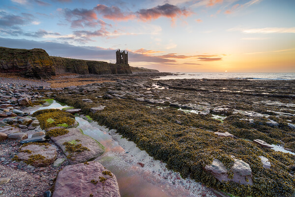 Sunrise at Keiss Castle in Caithness Picture Board by Helen Hotson