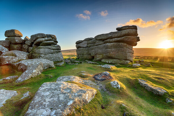 Beautiful sunset over granite rock formations at Combestone Tor  Picture Board by Helen Hotson