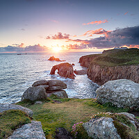 Buy canvas prints of Sunset at Land's End in Cornwall by Helen Hotson