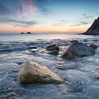 Buy canvas prints of Sunset over Porth Nanven in Cornwall by Helen Hotson