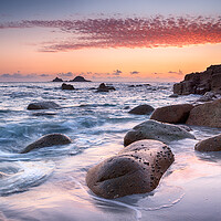 Buy canvas prints of Sunset at Porth Nanven Cove in Cornwall by Helen Hotson