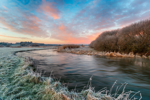 A frosty winter sunrise over the river Frome Picture Board by Helen Hotson