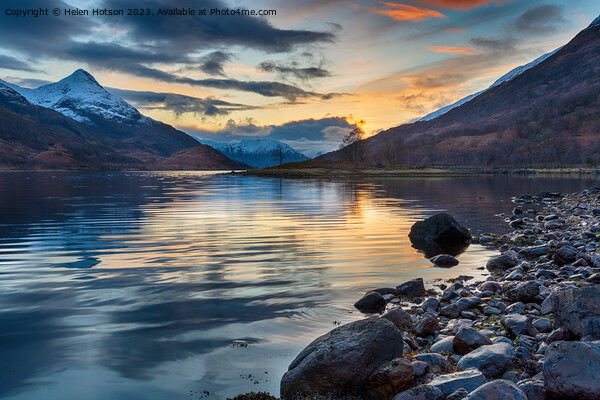 Beautiful sunset with snow capped mountains from the shores of L Picture Board by Helen Hotson