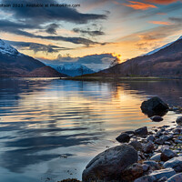 Buy canvas prints of Beautiful sunset with snow capped mountains from the shores of L by Helen Hotson