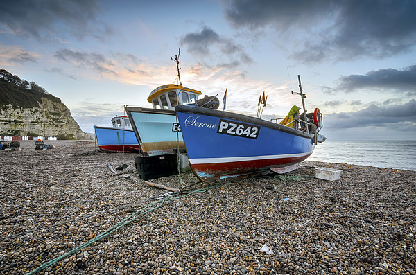 Fishing boats on the beach at Beer in Devon Picture Board by Helen Hotson