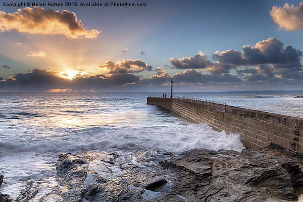 Sunset Rays over Porthleven Pier Picture Board by Helen Hotson