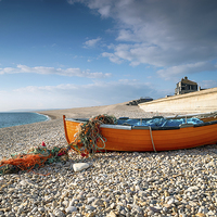 Buy canvas prints of Fishing Boat on Chesil Beach by Helen Hotson