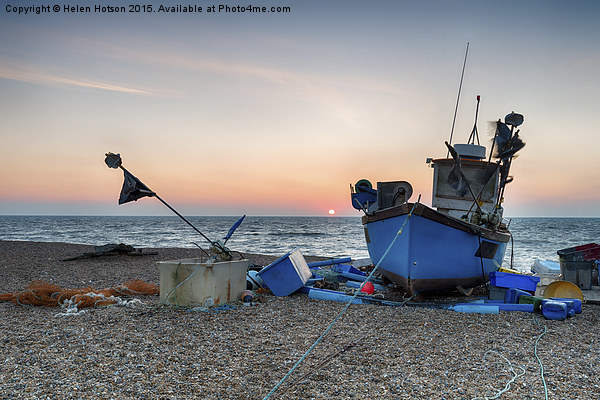 Blue Fishing Boat on a beach in Suffolk Picture Board by Helen Hotson