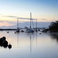 Buy canvas prints of Boats and early morning mist by Helen Hotson