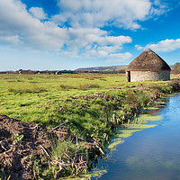 Buy canvas prints of A thatched circular linhay or barn on Braunton Mar by Helen Hotson
