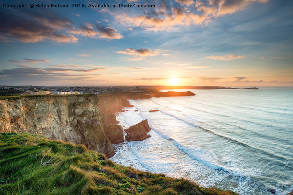 Beautiful Sunset over Porth in Newquay Picture Board by Helen Hotson