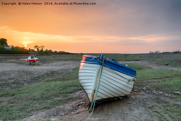 Sunset over Fishing Boat at Porlock Weir Picture Board by Helen Hotson