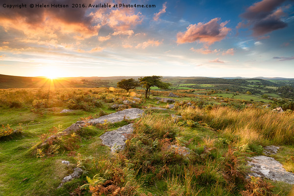 Sunset at Combestone Tor Picture Board by Helen Hotson