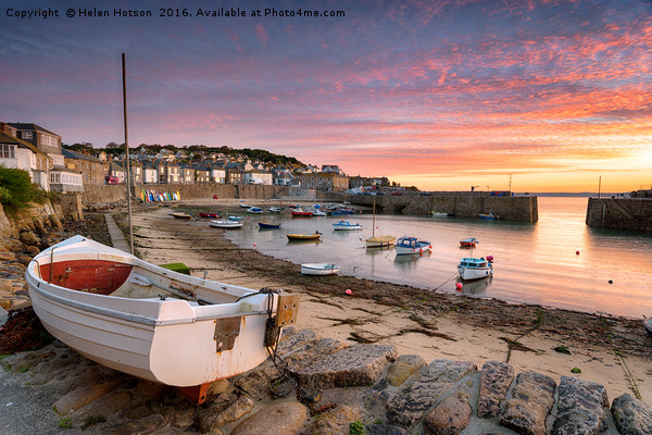 Sunrise over Fishing Boats at Mousehole Picture Board by Helen Hotson