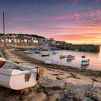 Buy canvas prints of Sunrise over Fishing Boats at Mousehole by Helen Hotson