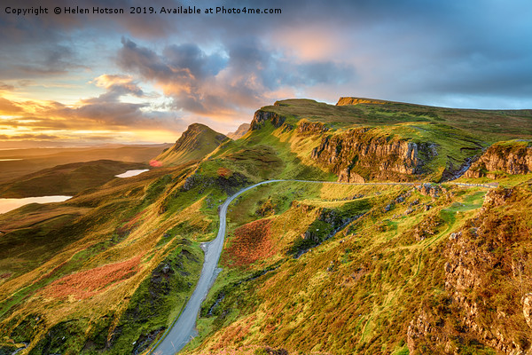 Dramatic sunrise sky over the Quiraing  Picture Board by Helen Hotson
