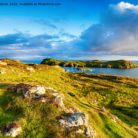 Buy canvas prints of Evening light over the grassy coastline at Rodel by Helen Hotson