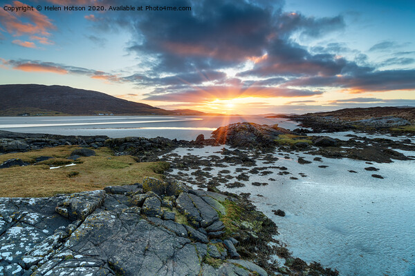 Beautiful sunset over the sandy beach at Luskentyre Picture Board by Helen Hotson