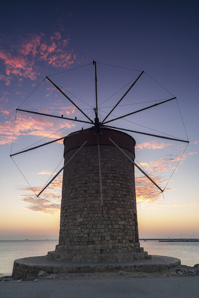 Rhodes Windmill Facade at Dawn Picture Board by Antony McAulay