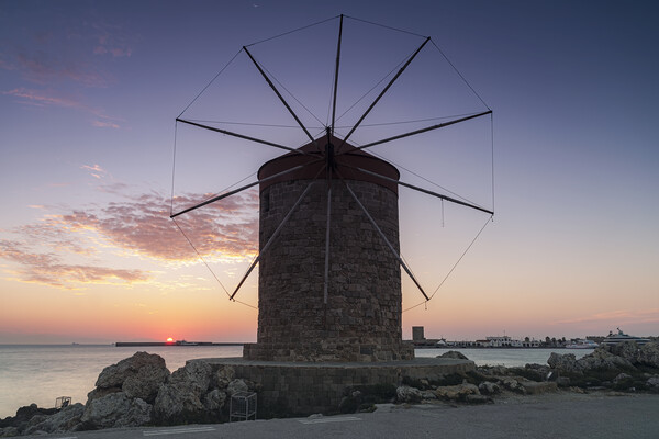 Rhodes Windmill Facade at Sunrise Picture Board by Antony McAulay