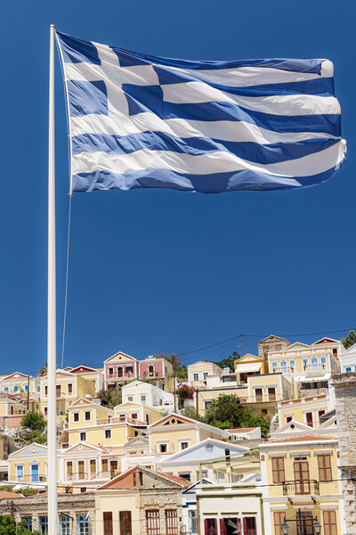 Symi Greek Island Flag Picture Board by Antony McAulay