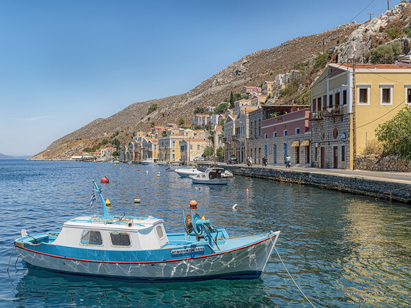 Symi Greek Island Harbour Boat Picture Board by Antony McAulay