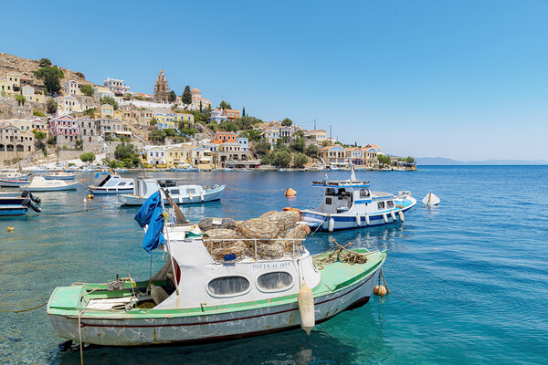 Symi Greek Island Harbour Picture Board by Antony McAulay
