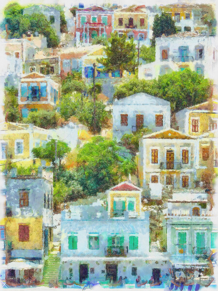 Symi Greek Island Houses Digital Painting Picture Board by Antony McAulay