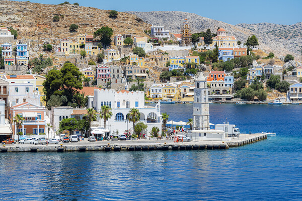 Symi Greek Island Old Clock Tower Picture Board by Antony McAulay